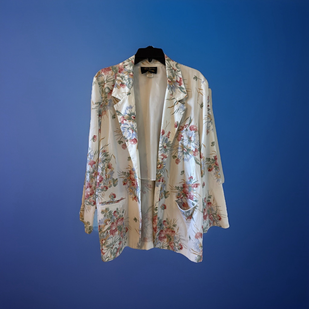Toni Garment For CC Magic Vintage 90s Floral Open Front White Blazer Loose Large